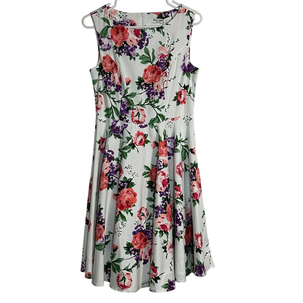 Grace Karin Dress Womens Medium White Floral Sleeveless Summer A Line Party
